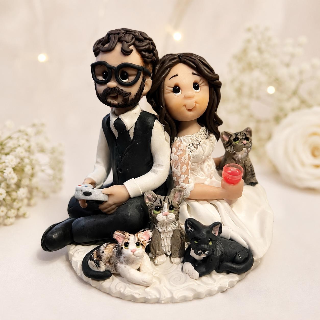 Gamer Wedding Cake Topper with Cats, Custom Polymer Clay Bride and Groom from Photos by Lynn's Little Creations