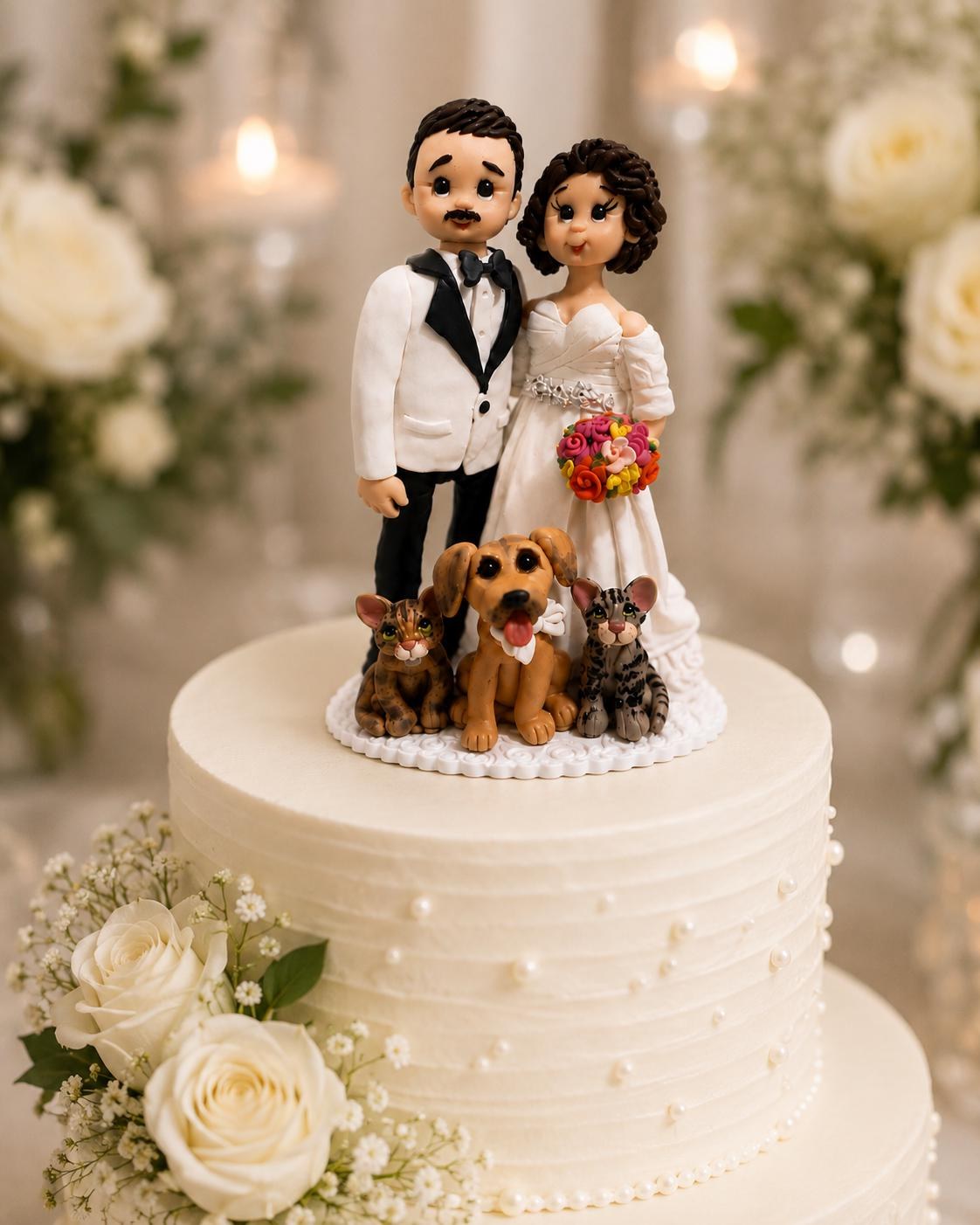 Custom Wedding Clay Figurine Couple With Pets, Personalized Wedding Keepsake by Lynn's Little Creations