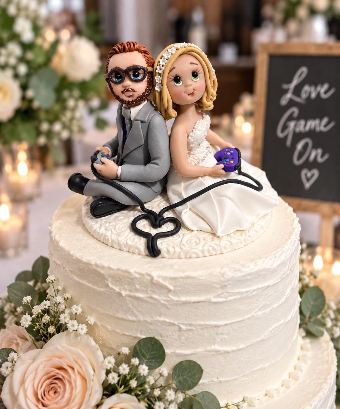 Custom Bride and Groom Wedding Cake Topper, Polymer Clay Gaming Couple by Lynn's Little Creations