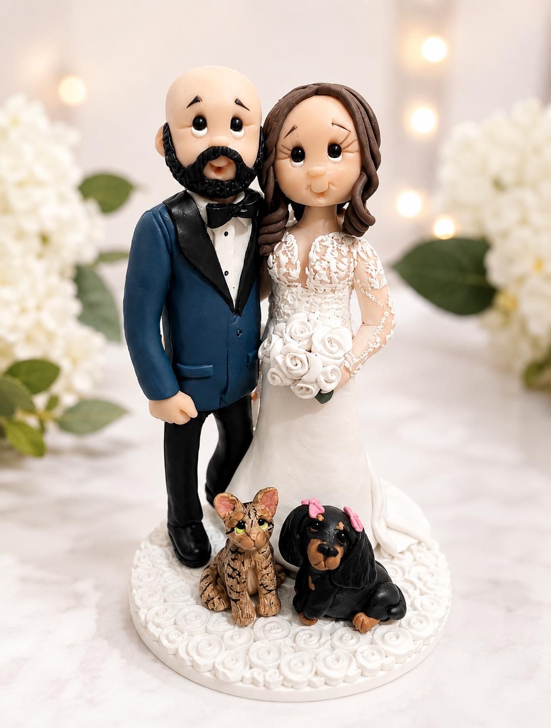 Personalized Wedding Cake Topper With Cat & Dog | Custom Couple Keepsake by Lynn's Little Creations