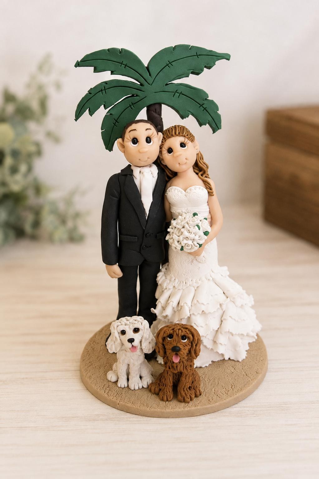 Handmade Tropical Beach Wedding Cake Topper with Bride Groom Dogs Island Destination Keepsake by Lynn's Little Creations