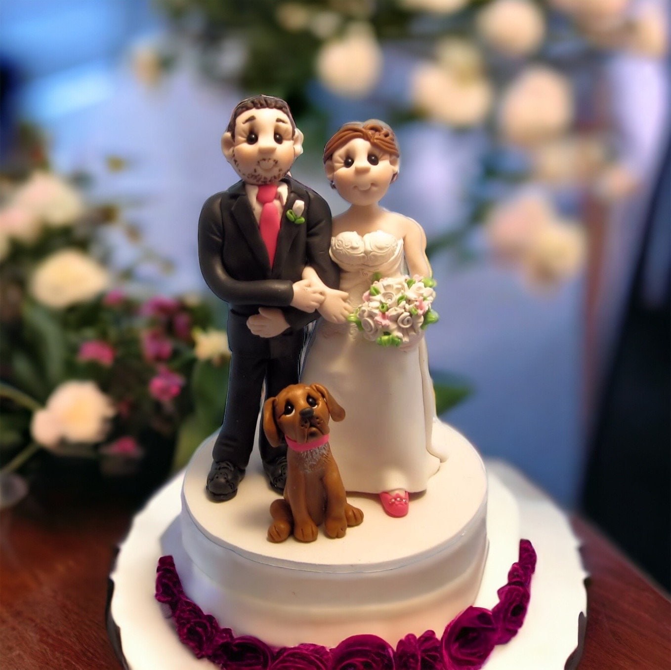 Custom Polymer Clay Wedding Cake Topper: Bride, Groom & Dog by Lynn's Little Creations