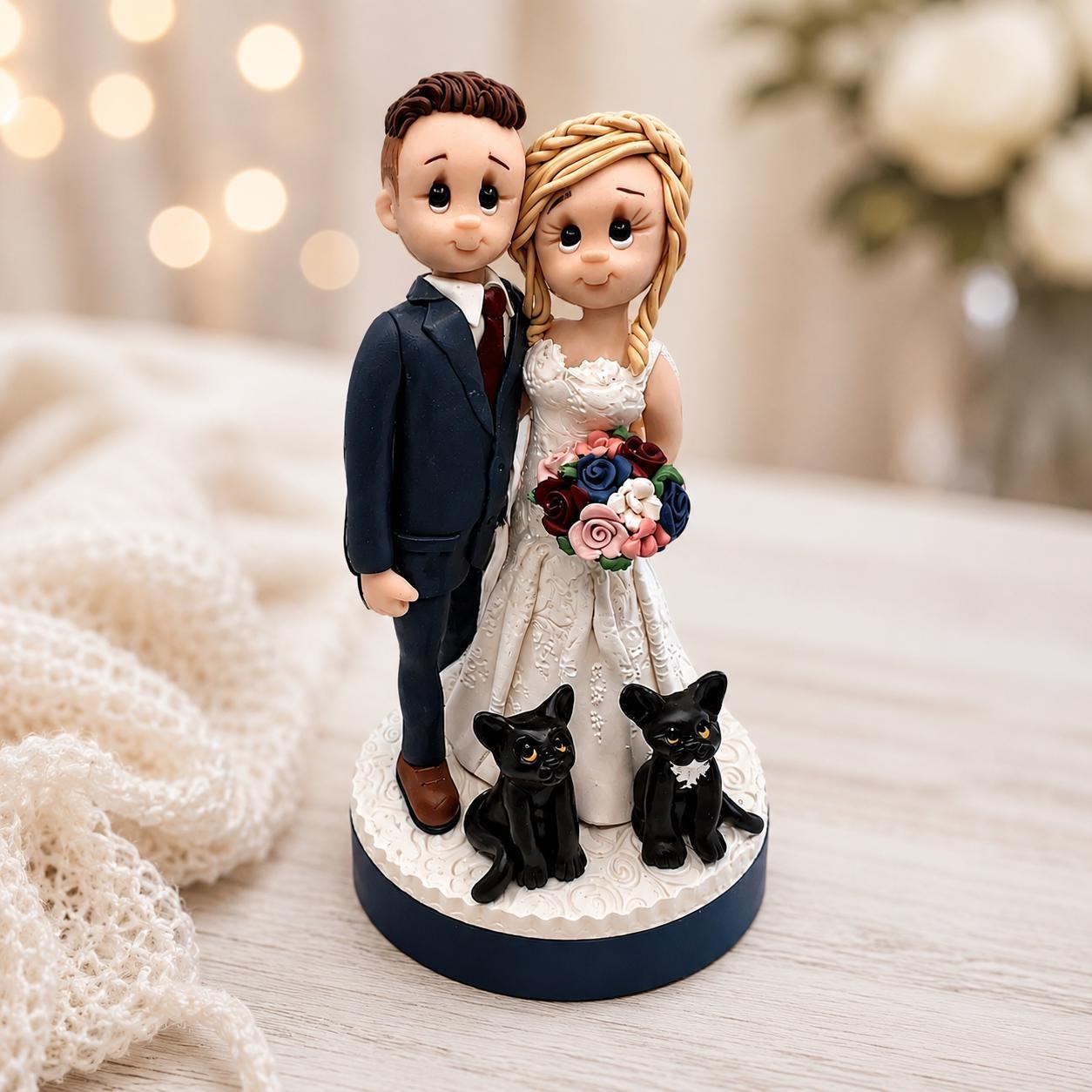 Custom Bride and Groom with Cats Wedding Cake Topper Handmade Polymer Clay Sculpture Personalize by Lynn's Little Creations