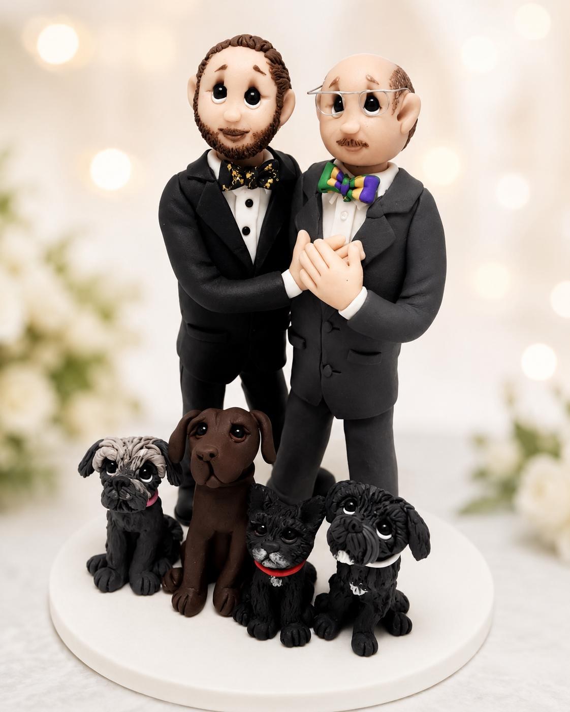 Custom Gay Wedding Cake Topper with Pets | Handmade Polymer Clay Couple Keepsake by Lynn's Little Creations