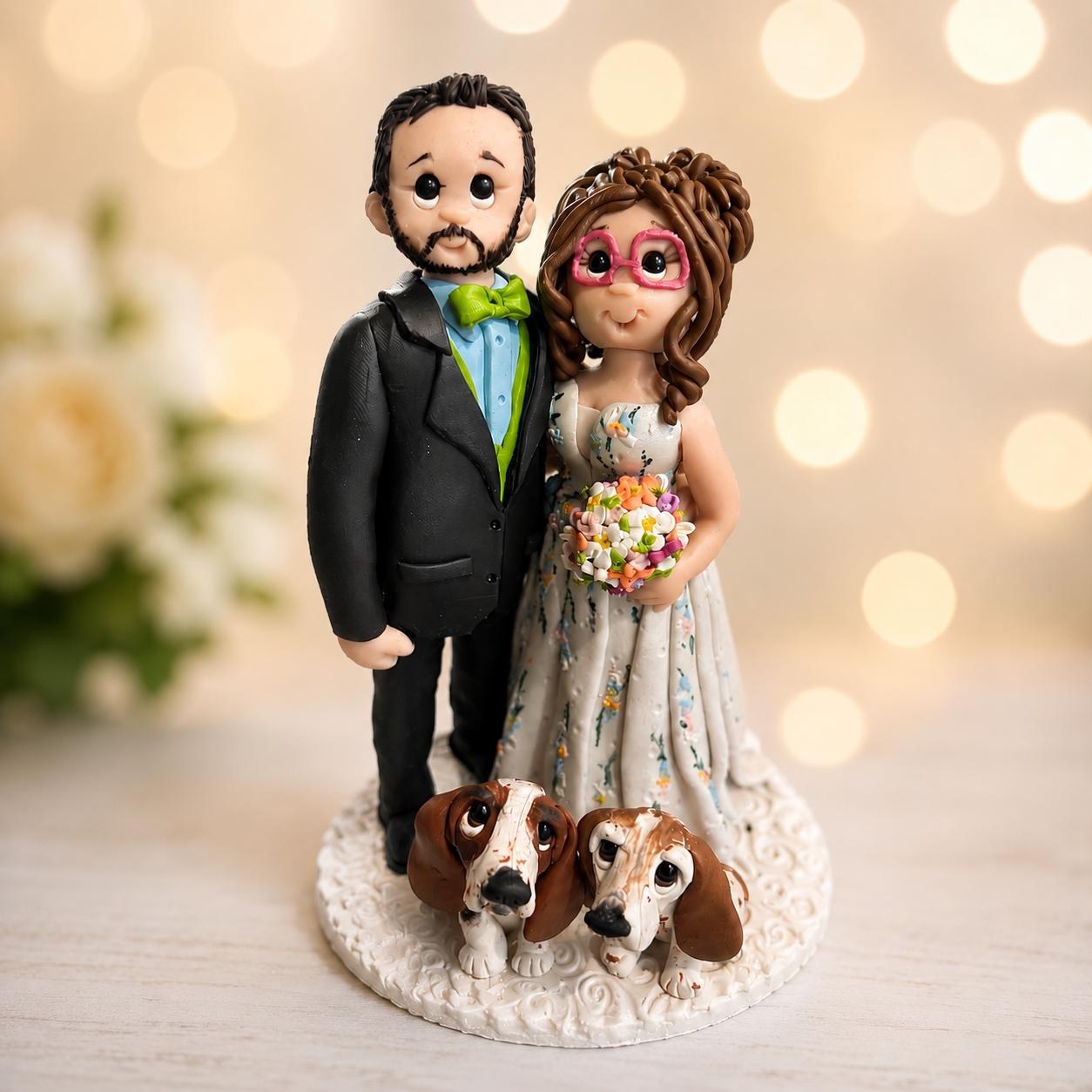 Custom Bride & Groom Cake Topper with Dogs, Personalized Polymer Clay Wedding Keepsake by Lynn's Little Creations