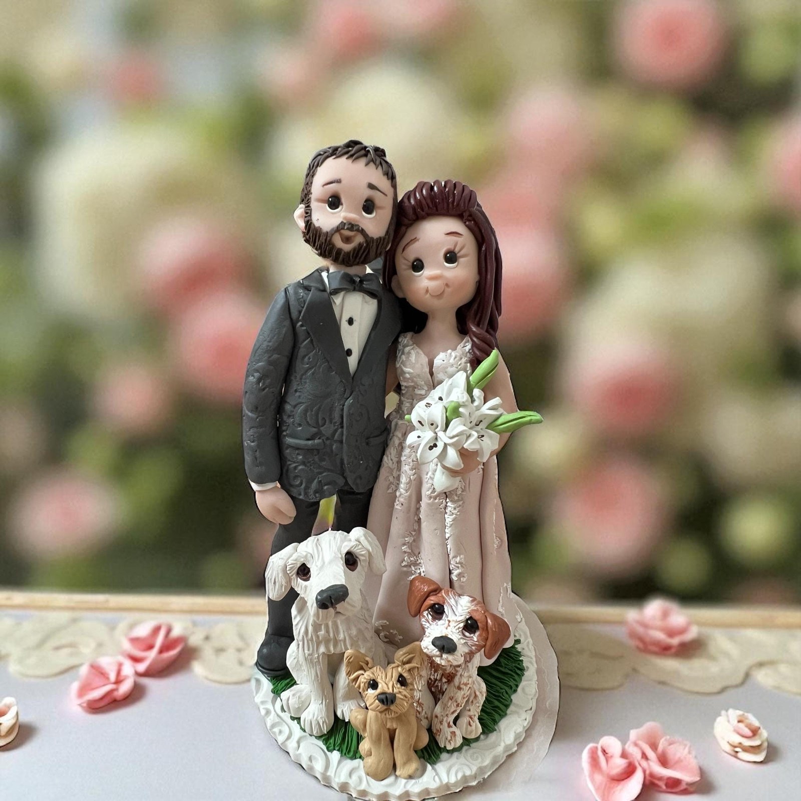 Custom Dog Lovers Wedding Cake Topper: Bride & Groom with Pets by Lynn's Little Creations