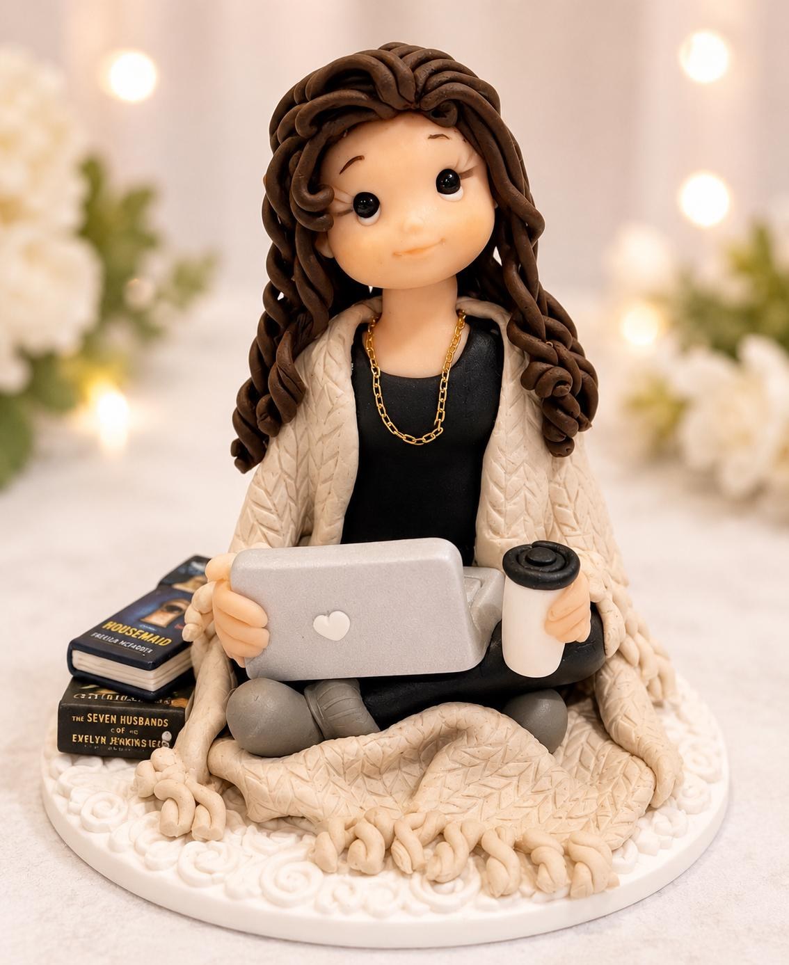 Custom Book Lover Cake Topper | Personalized Woman Figurine with Laptop Coffee & Books by Lynn's Little Creations