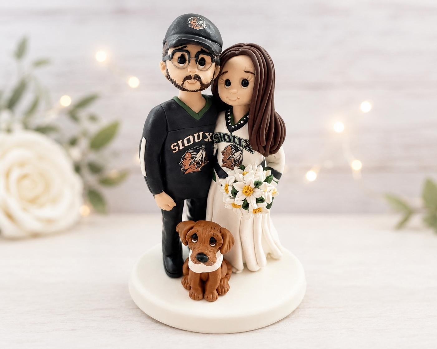 Custom Sports Jersey Wedding Cake Topper, Personalized Bride Groom with Dog, Handmade Wedding Keepsake by Lynn's Little Creations