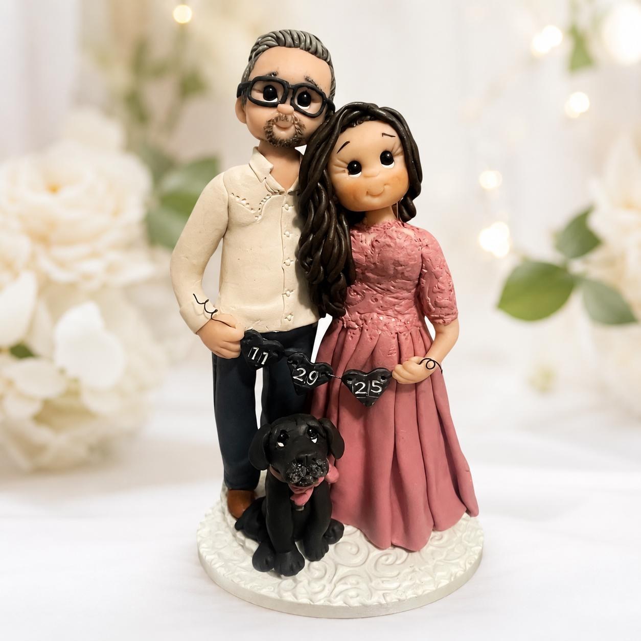 Personalized Second Marriage Wedding Cake Topper with Dog, Handmade Older Couple Figurine by Lynn's Little Creations
