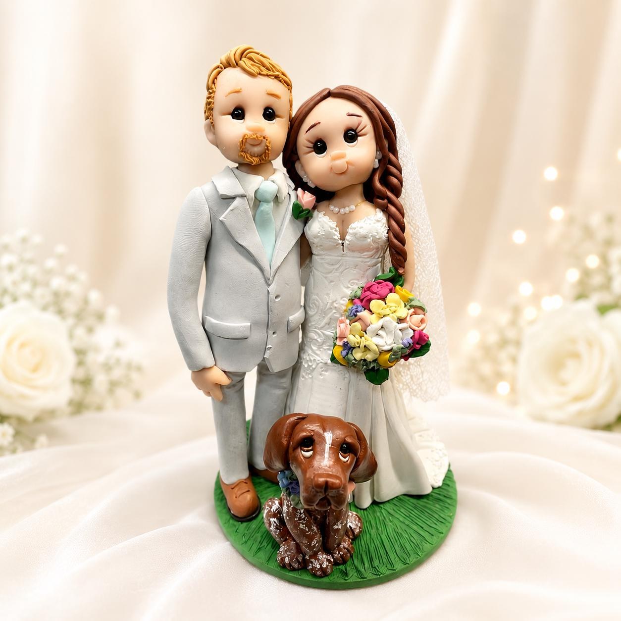 Traditional Bride & Groom Wedding Cake Topper with Dog | Personalized Handmade Wedding Keepsake by Lynn's Little Creations