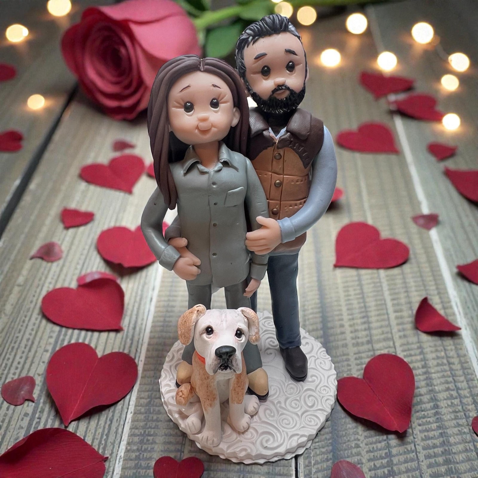 Custom Couple Cake Topper with Dog – Handmade Clay Wedding Keepsake by Lynn's Little Creations