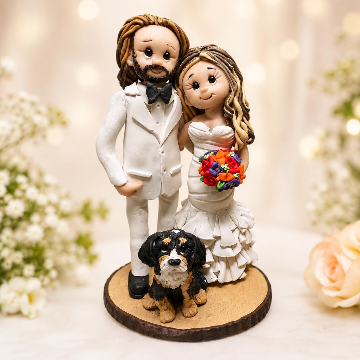 Rustic Wood Slice Wedding Cake Topper | Custom Bride Groom & Dog Clay Keepsake by Lynn's Little Creations