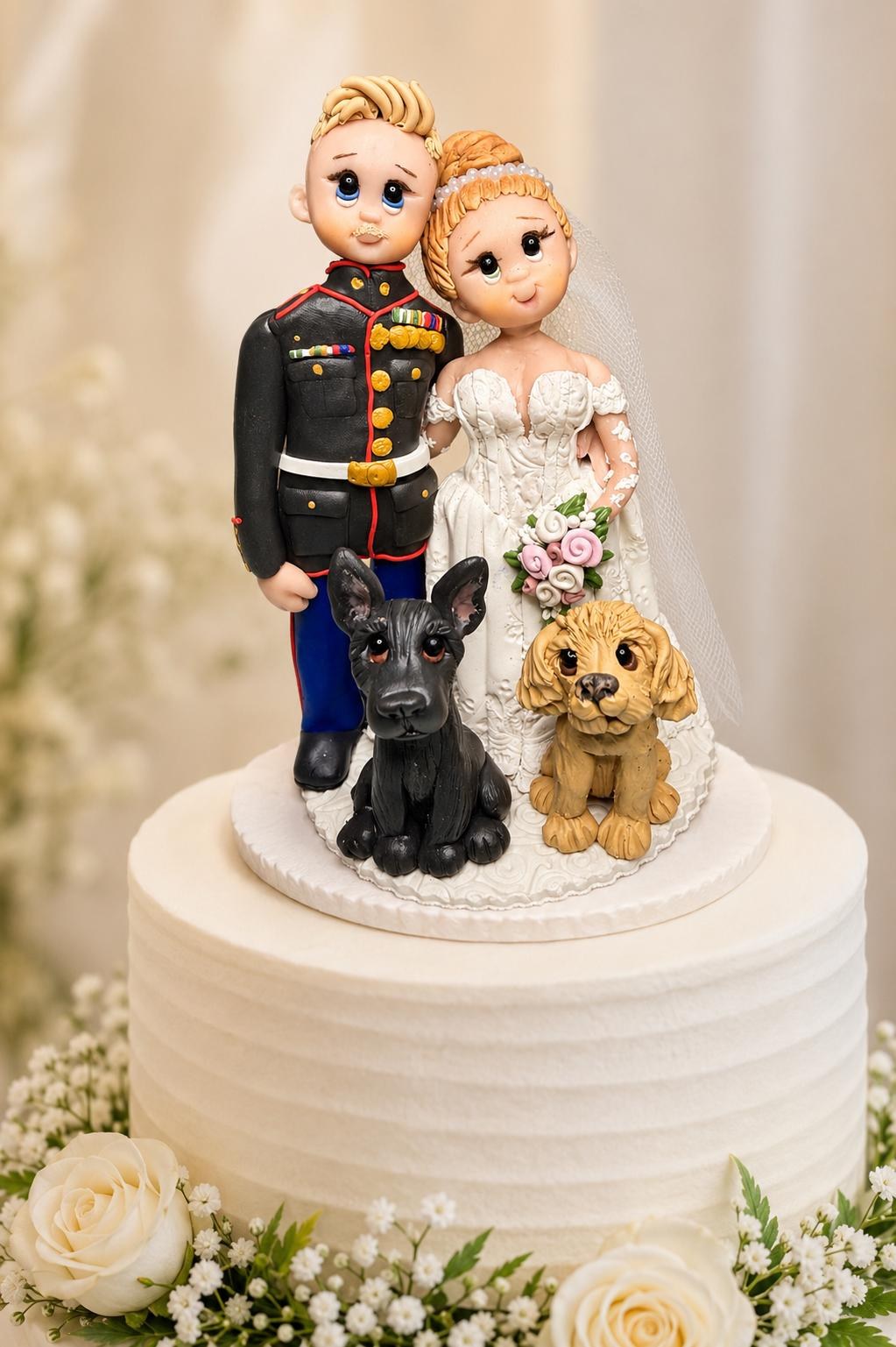 Marine Wedding Cake Topper – Handmade Custom Bride & Groom with Dogs Keepsake figurines by Lynn's Little Creations