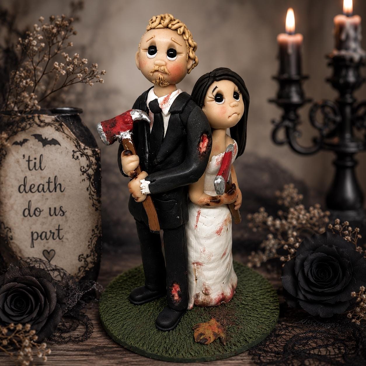 Custom Zombie Fighting Wedding Cake Topper Bride and Groom Figurines Personalized Apocalypse Theme by Lynn's Little Creations