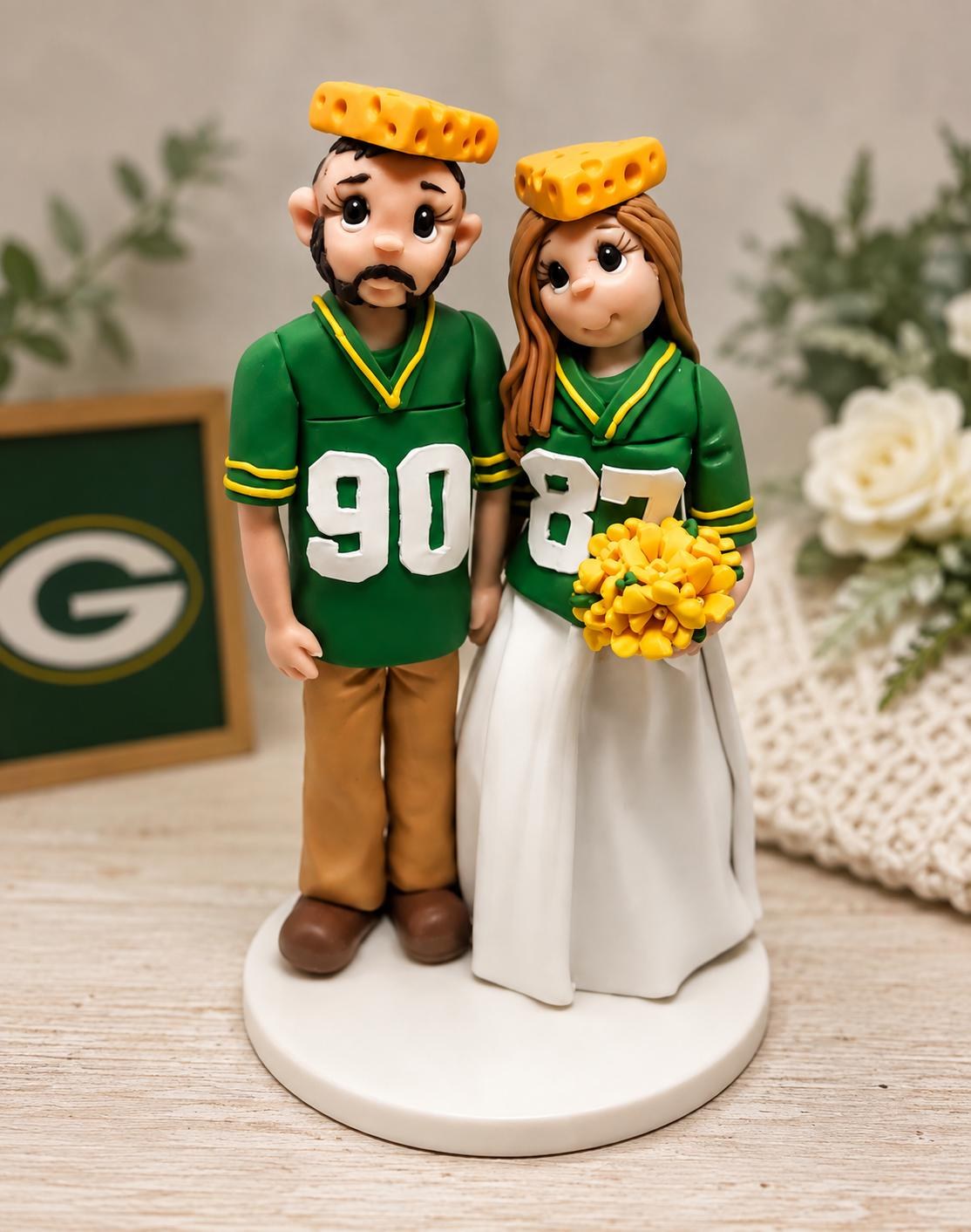 Custom Sports Themed Wedding Cake Topper: Bride and Groom Cheese head Figurines by Lynn's Little Creations