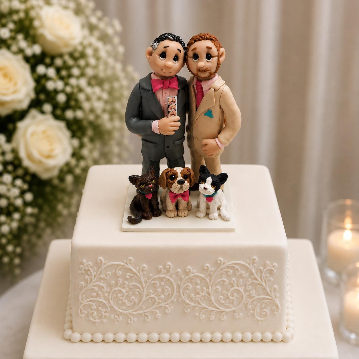 Custom Same Sex Wedding Cake Topper, Mr and Mr Couple With Pets by Lynn's Little Creations