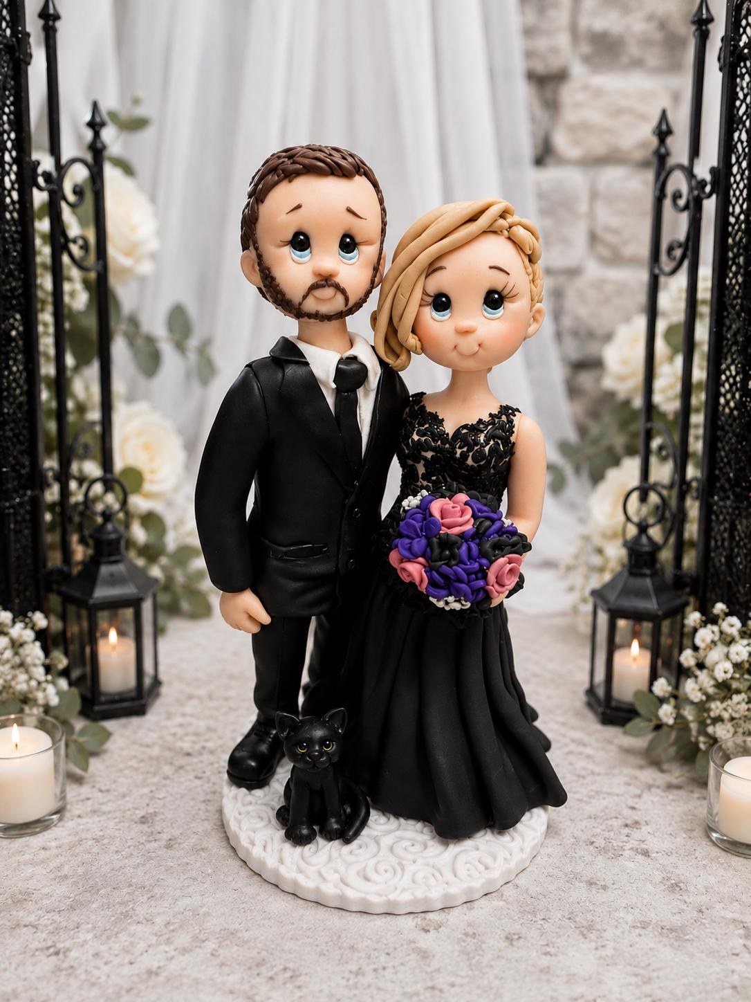 Custom Gothic Wedding Cake Topper, Bride Groom Cat Keepsake, Handmade Polymer Clay by Lynn's Little Creations