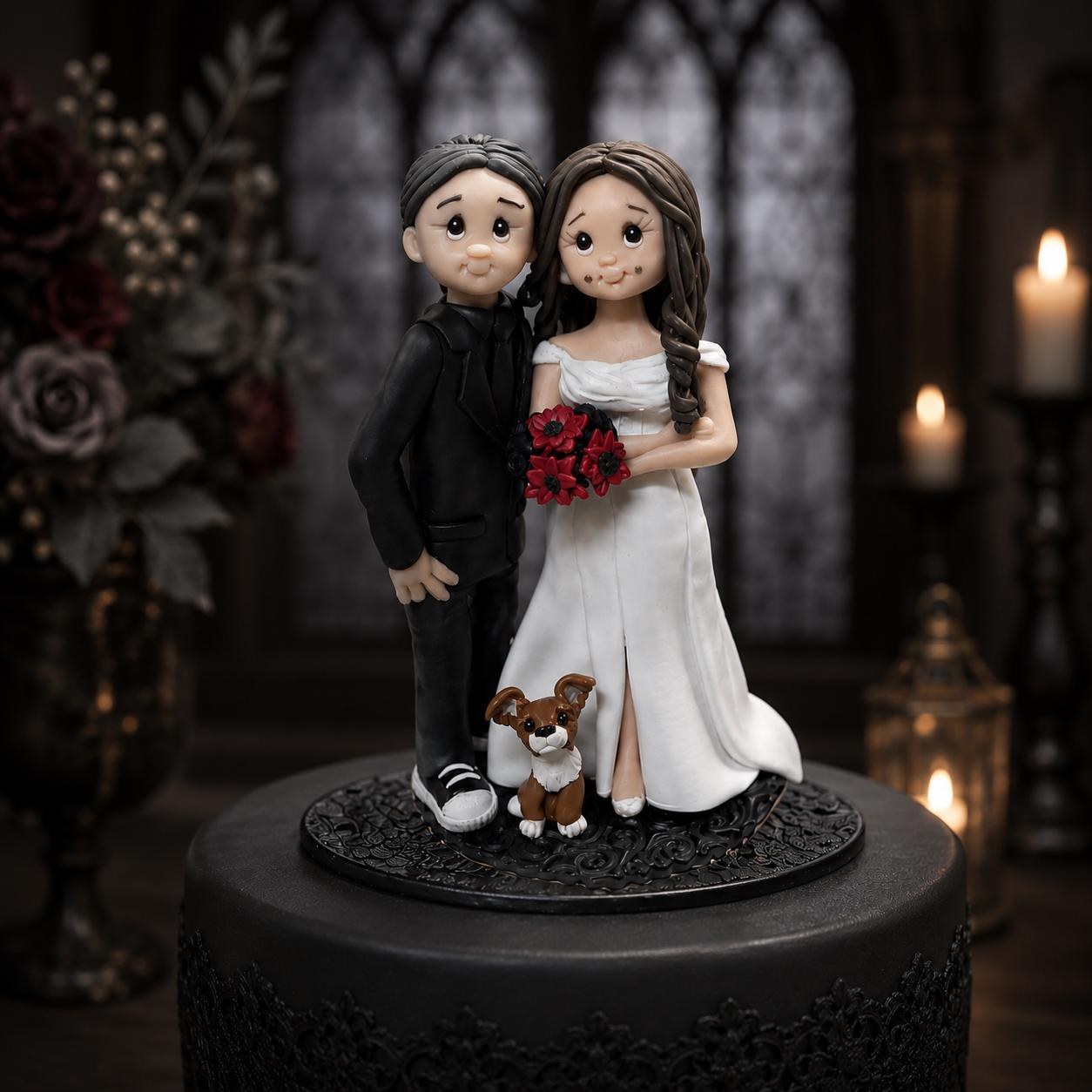 Custom Black Polymer Clay Wedding Cake Topper, Personalized Bride Groom Figurines by Lynn's Little Creations