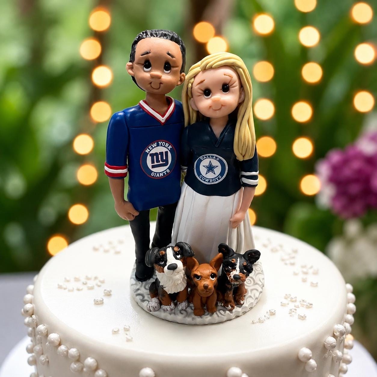 Custom Wedding Cake Topper, Sports Fan Bride Groom Figurine with Pets by Lynn's Little Creations