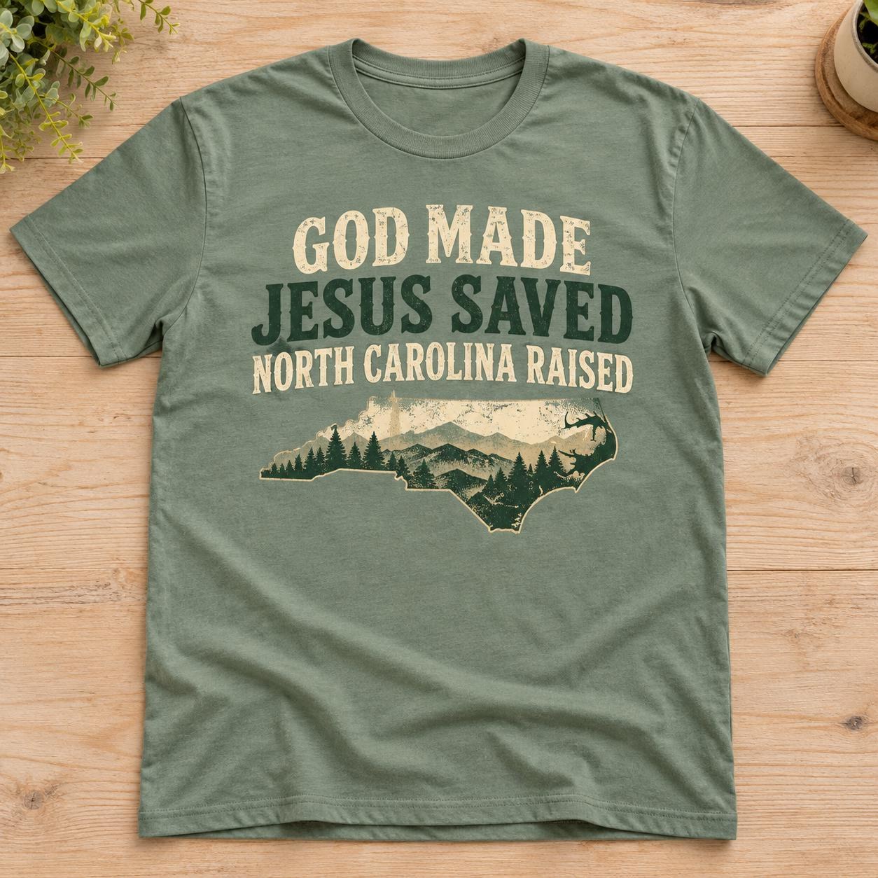 God Made Jesus Saved North Carolina Raised Shirt, Mountain Cross Tee, view 2