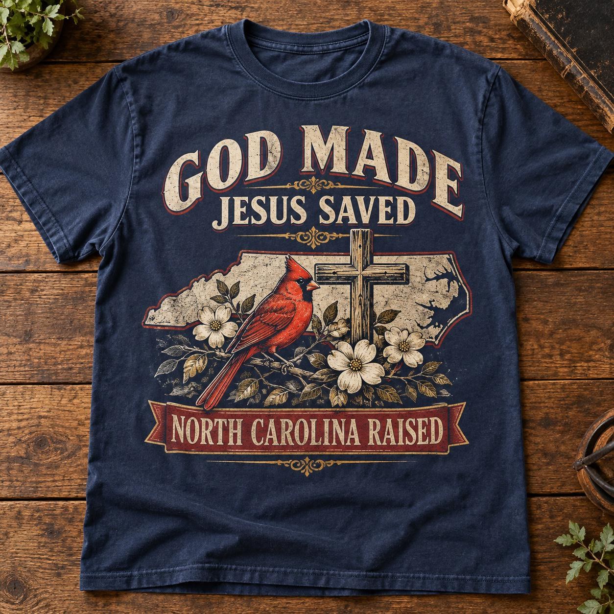 God Made Jesus Saved North Carolina Raised Shirt, Cardinal and Dogwood Tee