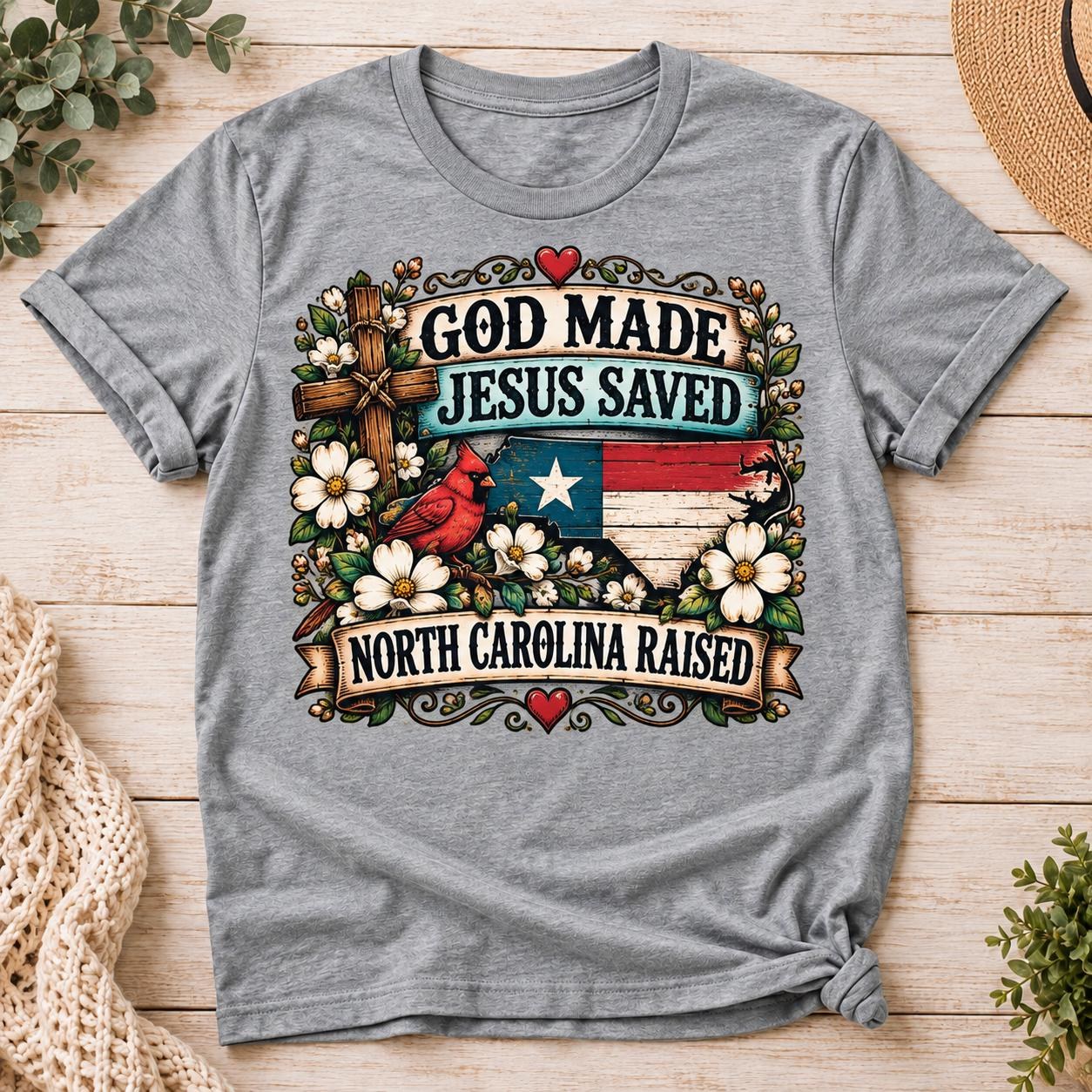 God Made Jesus Saved North Carolina Raised Shirt, Cardinal and Dogwood Tee, view 2