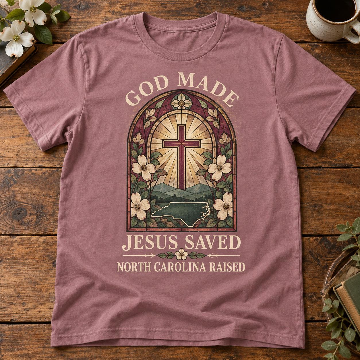 North Carolina Raised Christian Shirt, Stained Glass Cross and Dogwood Tee