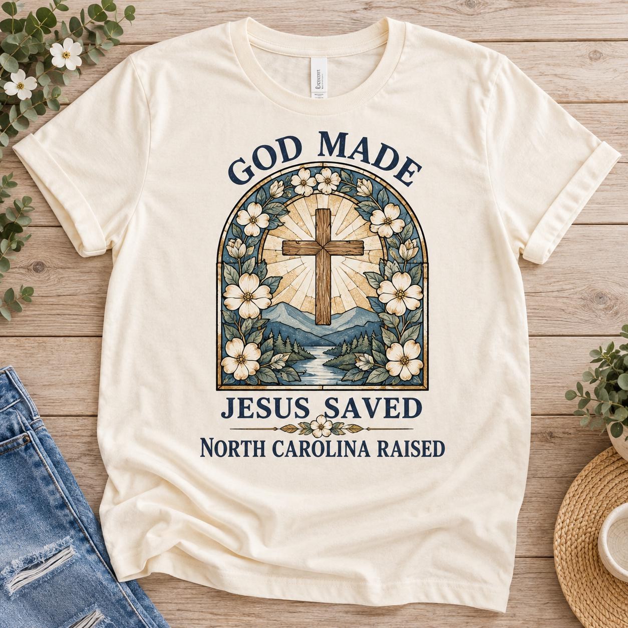 North Carolina Raised Christian Shirt, Stained Glass Cross and Dogwood Tee, view 2