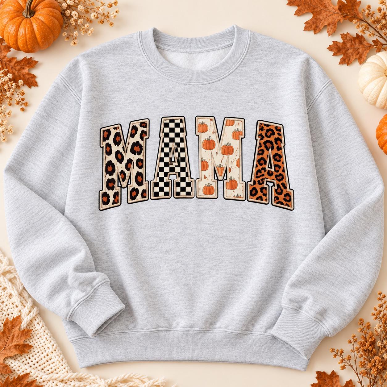 Fall Mama Sweatshirt, Leopard Pumpkin and Checkerboard Crewneck