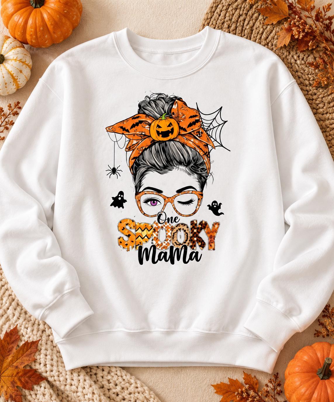 One Spooky Mama Sweatshirt, Halloween Messy Bun Ghost Crewneck