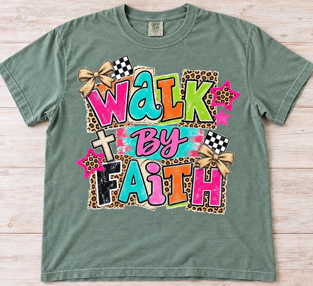 Walk by Faith Shirt, Colorful Christian Tee with Leopard Print and Bows