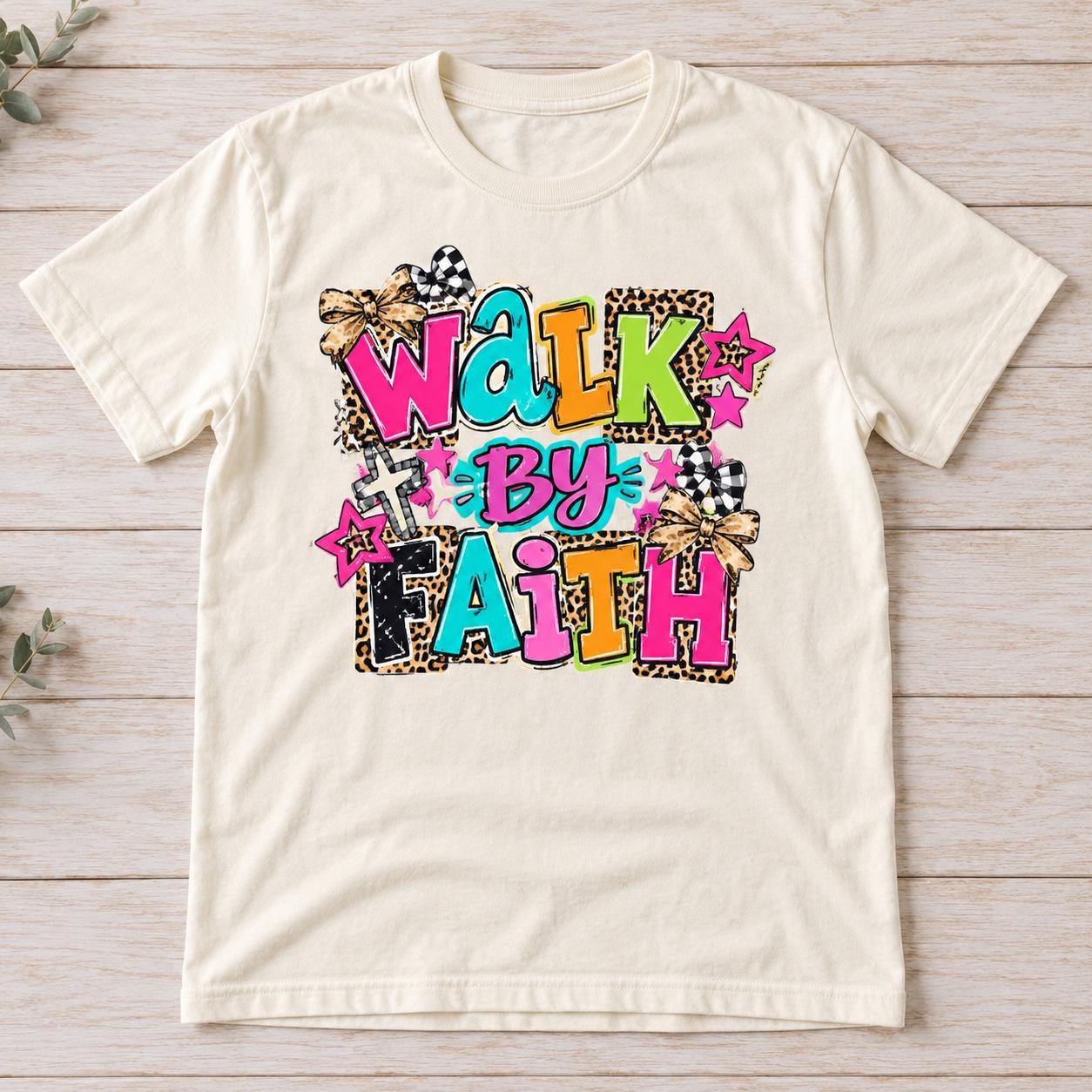 Walk by Faith Shirt, Colorful Christian Tee with Leopard Print and Bows, view 2