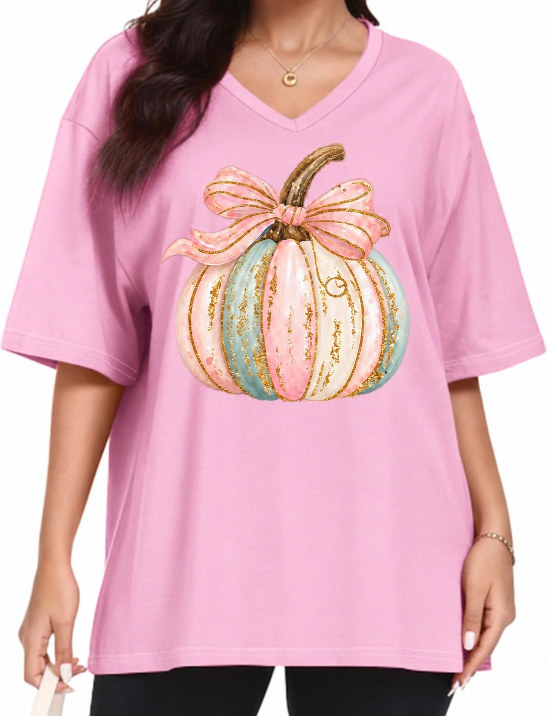 Pastel Pumpkin Shirt with Pink Bow, Fall Graphic Tee