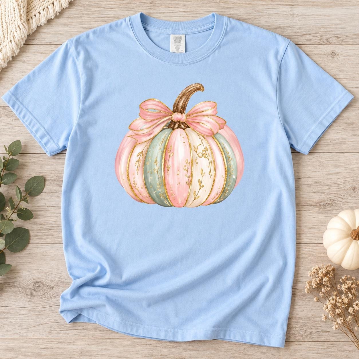 Pastel Pumpkin Shirt with Pink Bow, Fall Graphic Tee, view 2