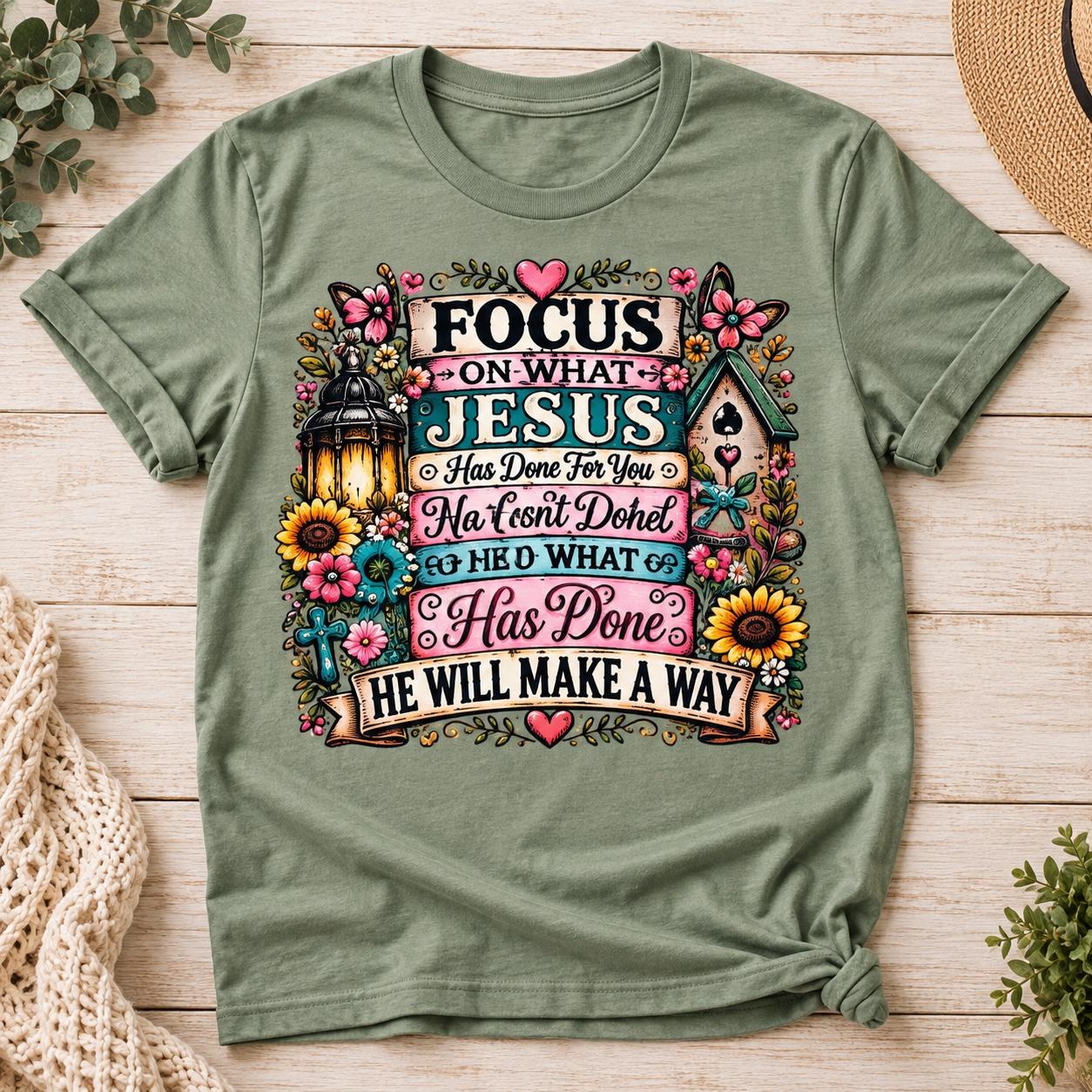 Focus on Jesus Shirt, Floral Cross Christian Graphic Tee, view 2