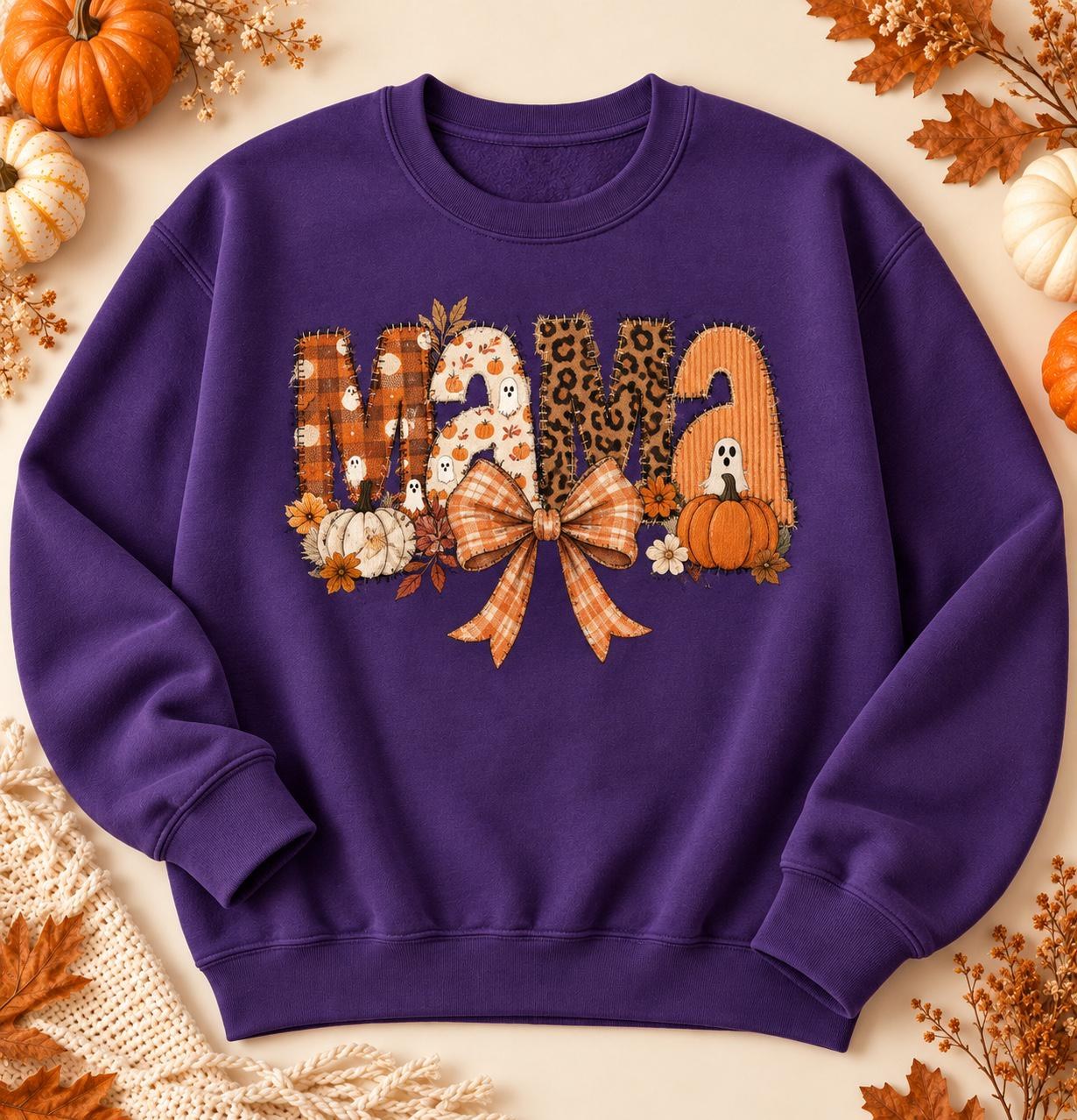 Halloween Mama Sweatshirt, Pumpkin Ghost Patchwork Print Crewneck