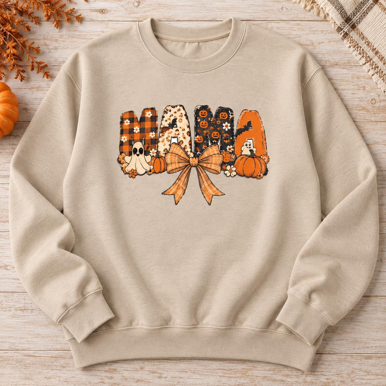 Halloween Mama Sweatshirt, Pumpkin Ghost Patchwork Print Crewneck, view 2