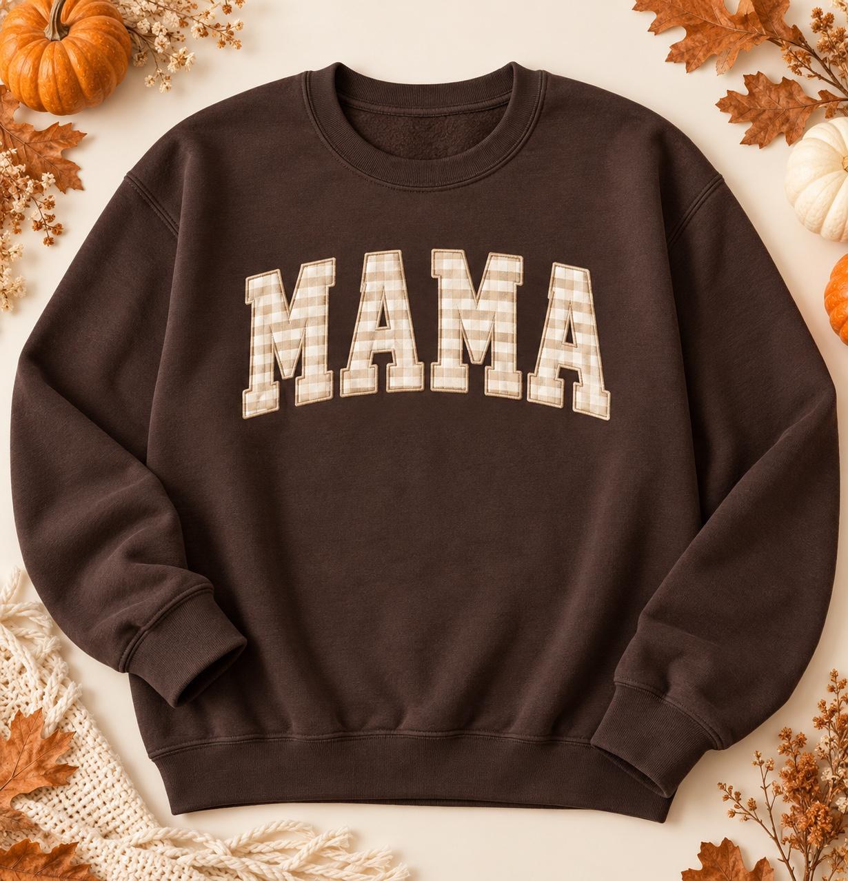 Mama Gingham Sweatshirt, Neutral Checkered Letter Crewneck