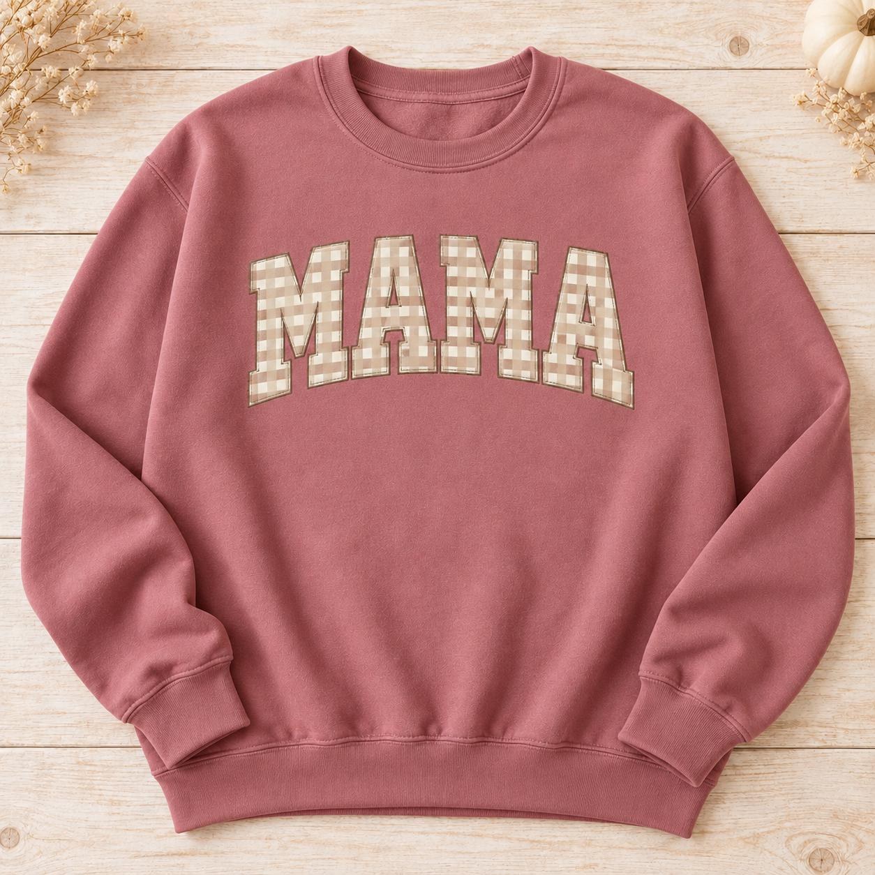 Mama Gingham Sweatshirt, Neutral Checkered Letter Crewneck, view 2