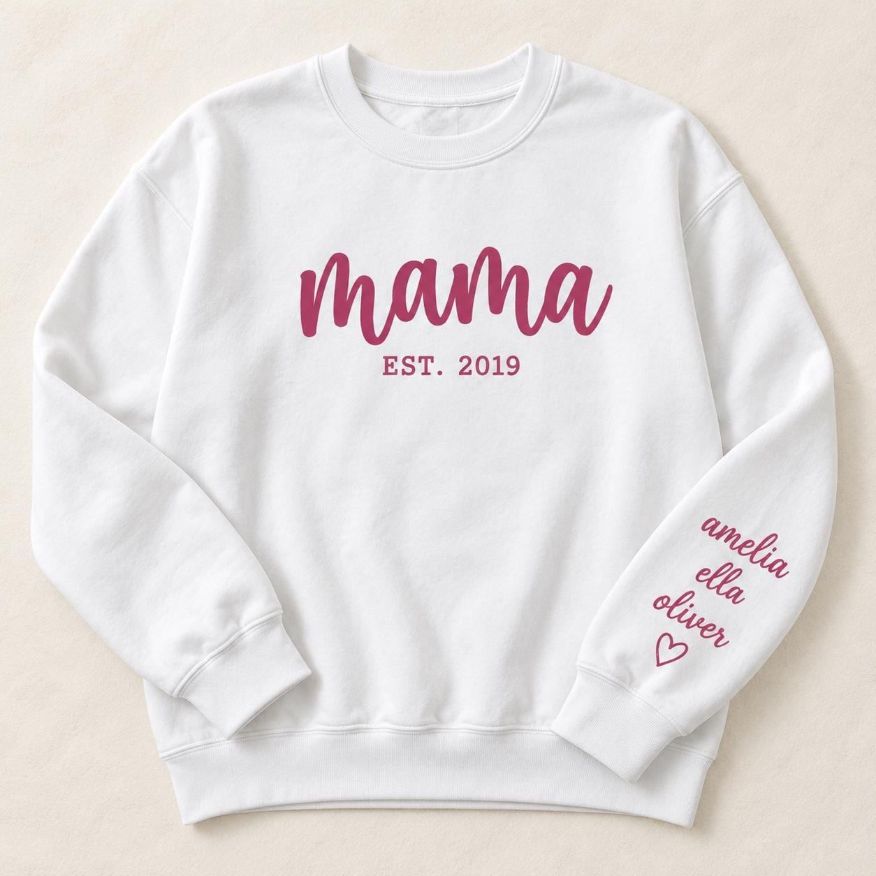 Personalized Mama Est Sweatshirt, Kids Names on Sleeve, Custom Mom Crewneck