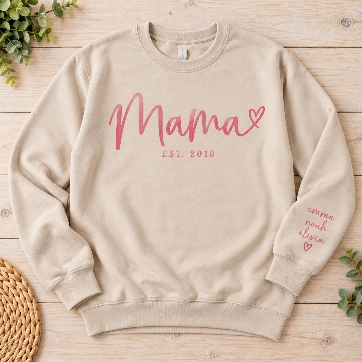 Personalized Mama Est Sweatshirt, Kids Names on Sleeve, Custom Mom Crewneck, view 2