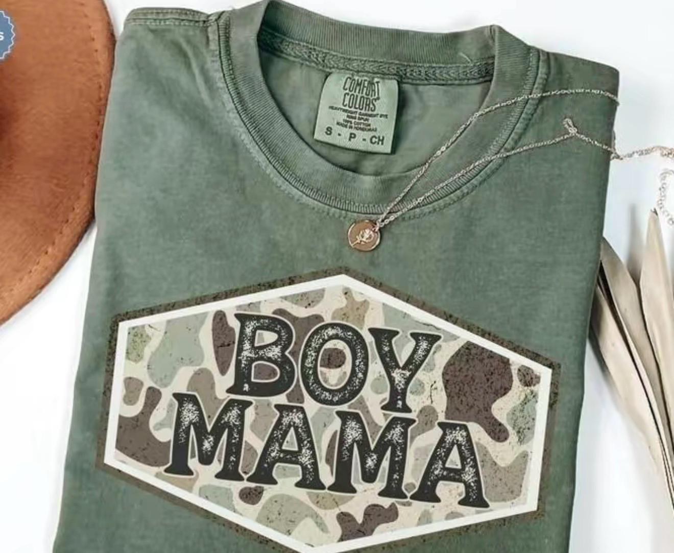 Boy Mama Shirt, Distressed Camouflage Badge Graphic Mom Tee