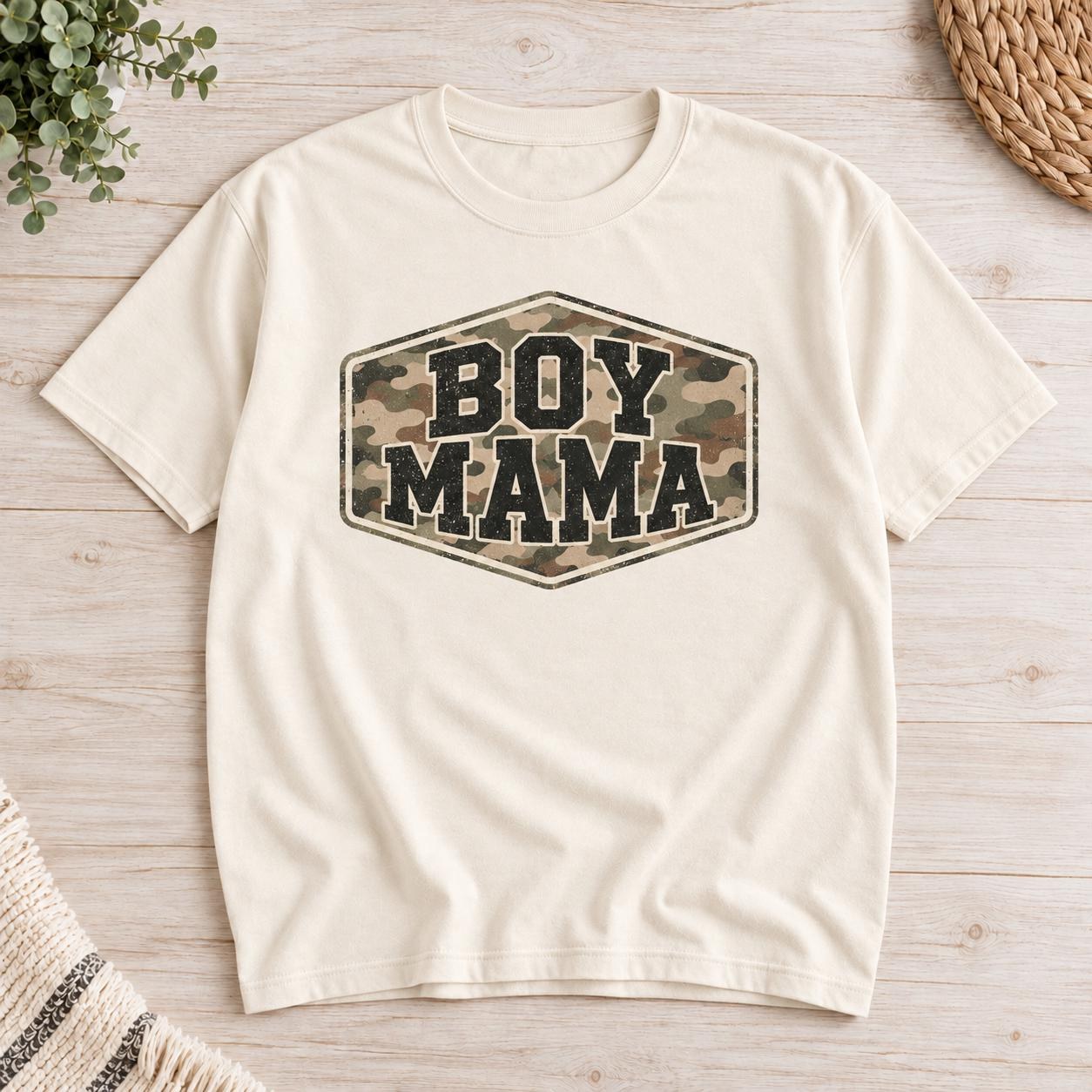 Boy Mama Shirt, Distressed Camouflage Badge Graphic Mom Tee, view 2