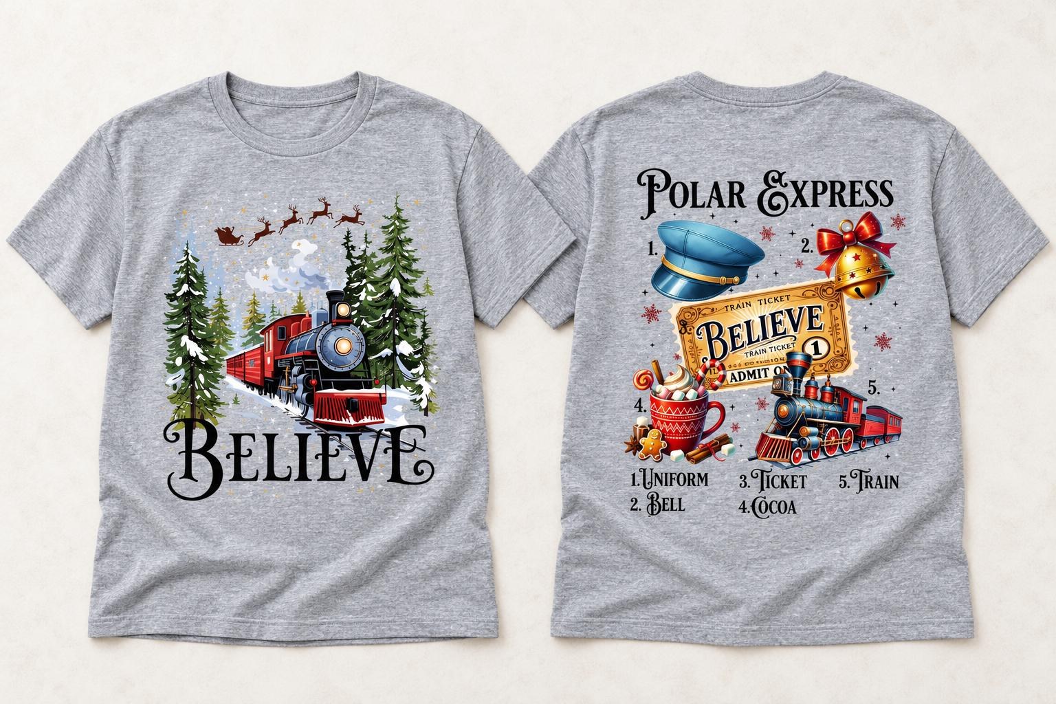 Believe Christmas Train Sweatshirt, Front and Back Holiday Crewneck