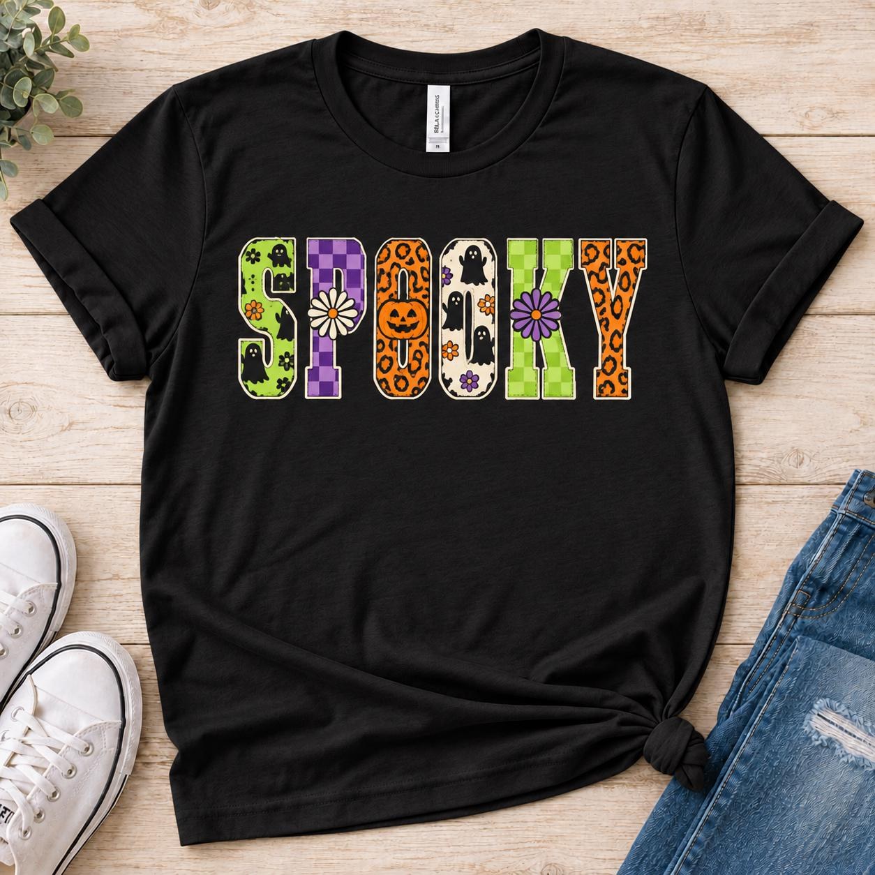 Spooky Halloween Shirt, Colorful Patchwork Ghost Graphic Tee, view 2