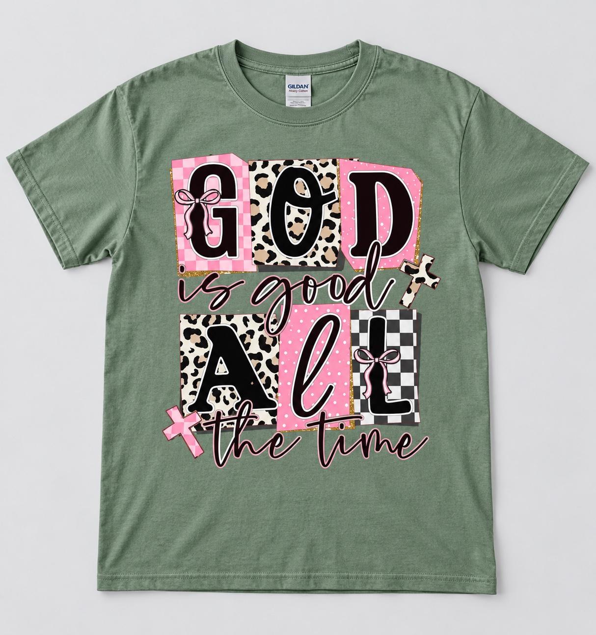 God Is Good All the Time Shirt, Pink Leopard Checkerboard Christian Tee