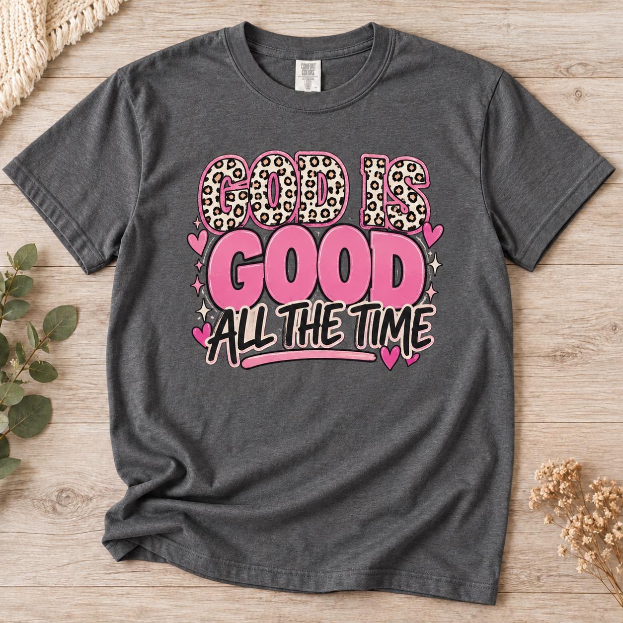 God Is Good All the Time Shirt, Pink Leopard Checkerboard Christian Tee, view 2