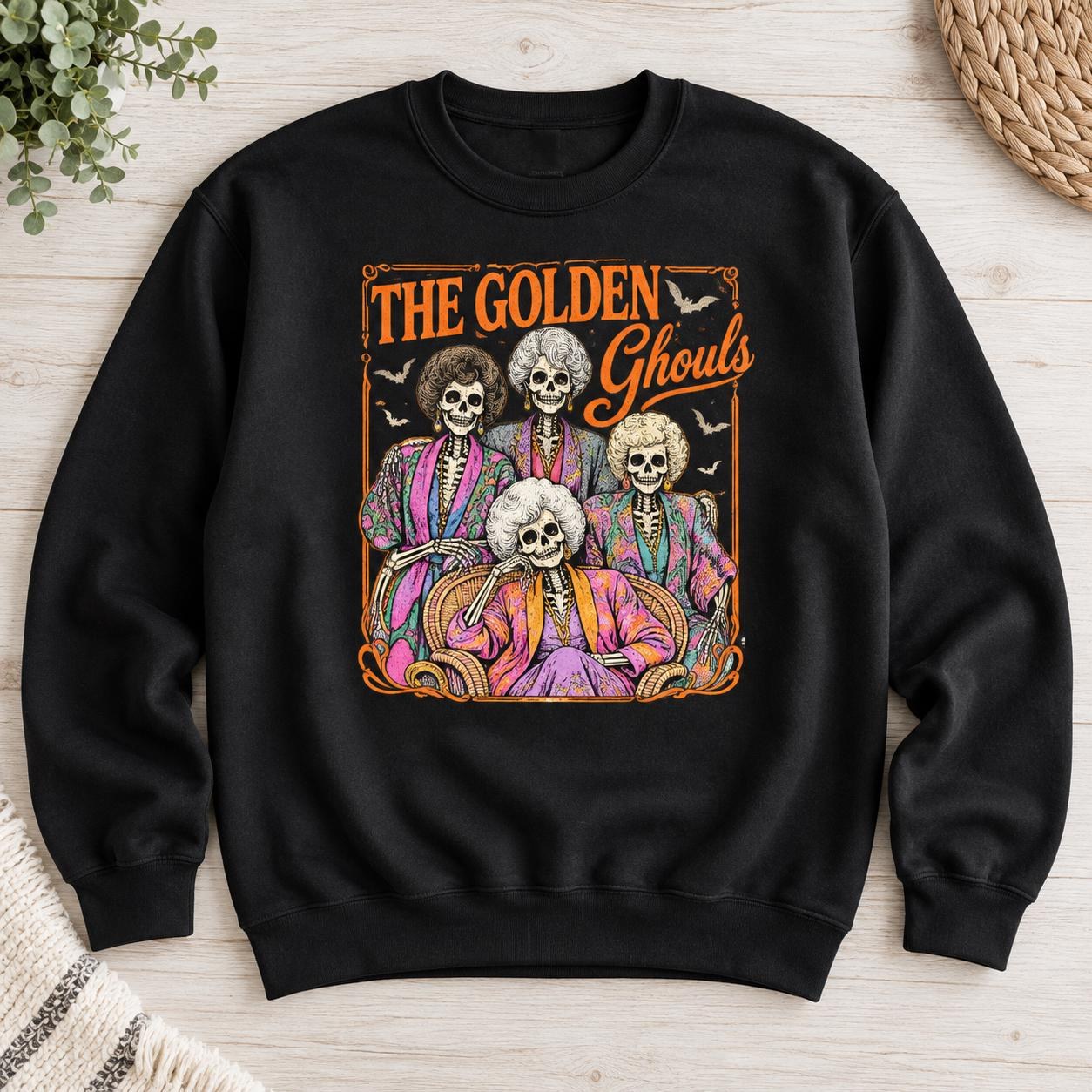 The Golden Ghouls Sweatshirt, Colorful Halloween Skeleton Crewneck, view 2