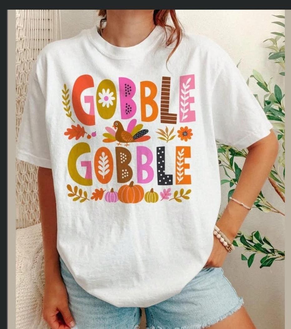 Gobble Gobble Thanksgiving Shirt, Colorful Turkey Pumpkin Fall Tee