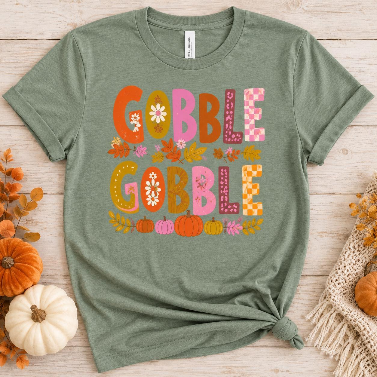 Gobble Gobble Thanksgiving Shirt, Colorful Turkey Pumpkin Fall Tee, view 2